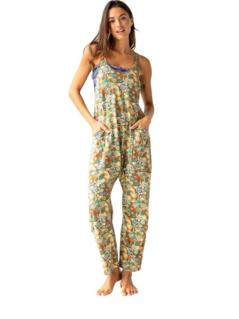 Natural Life Lucy Jumpsuit Medium Slouchy Romper Pockets Cottagecore Boho Beach